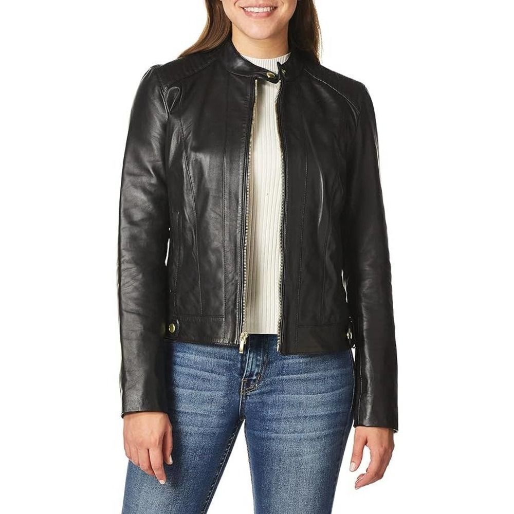 NEW Cole Haan Racer Jacket with Quilted Panels Sz L black